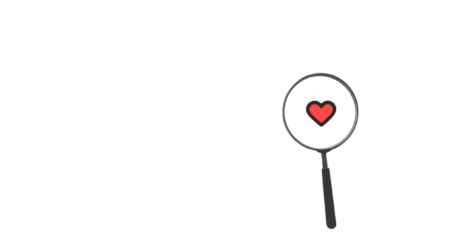 Magnifying glass showing red heart on transparent background