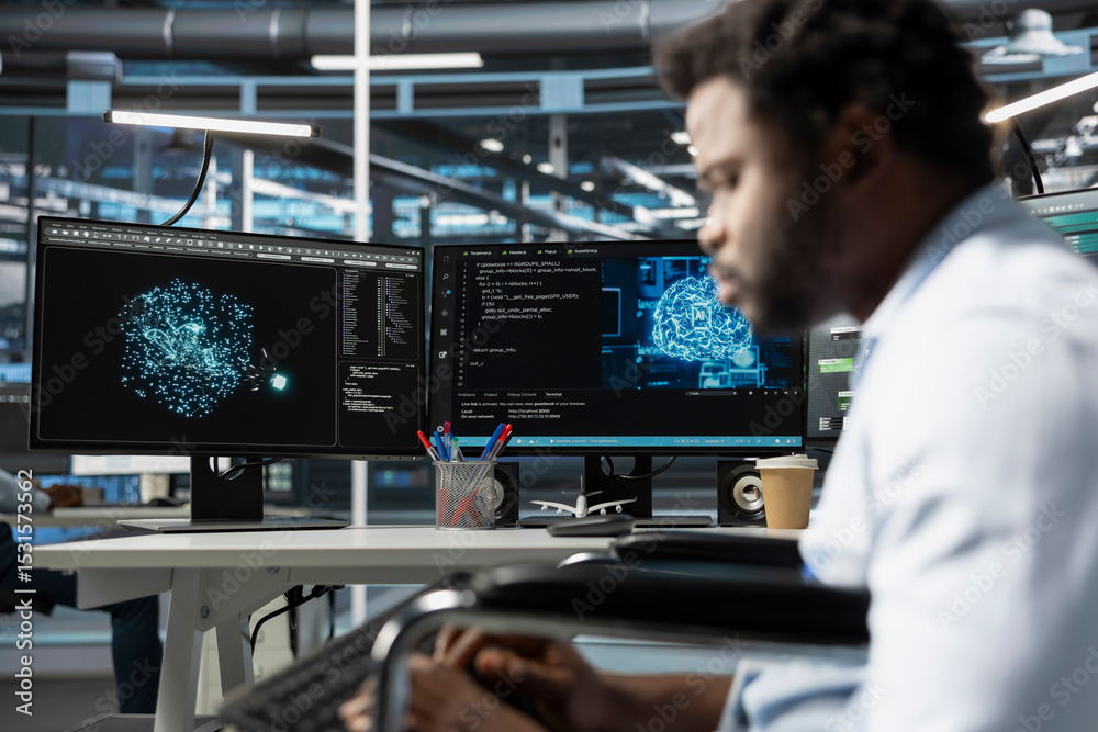 Poster data center engineer using artificial intelligence visualization tools to identify equipment malfunc
