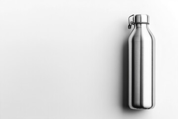 A minimalist shot of a stainless steel water bottle against a plain white background with soft lighting