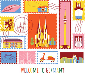 Welcome to Germany branding technology concept. Collection of flat vector web icons. Post stamp culture travel set, famous architectures, specialties detailed silhouette. European famous landmark