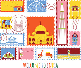 Welcome to India branding technology concept. Collection of flat vector web icons. Post stamp culture travel set, famous architectures, specialties detailed silhouette. Indian famous landmark