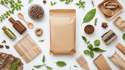 Aerial view of brown paper bag surrounded by bottles and leaves on a white background surface layout