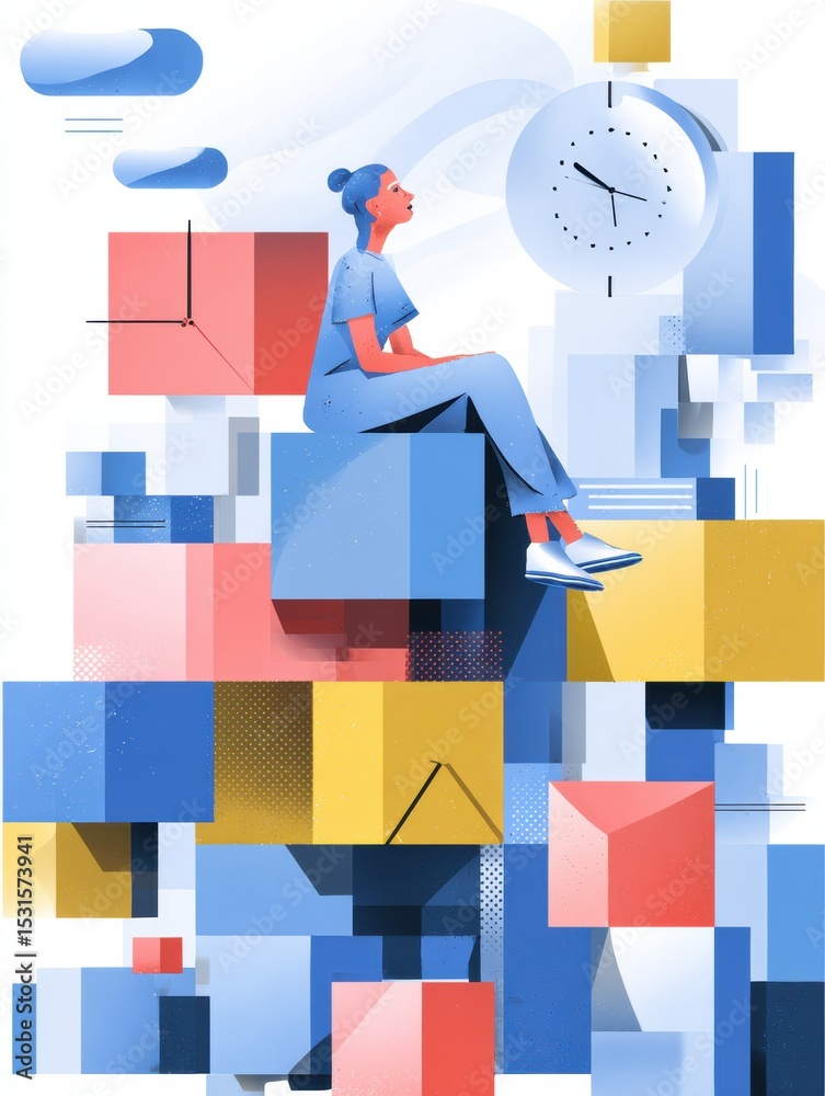 Poster time management strategies for teens illustrated through digital blocks and a seated figure contempl
