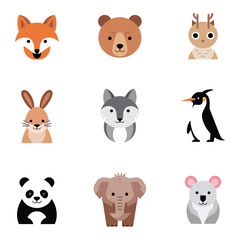 Cute Wild Animal Faces – Flat Vector Icon Set