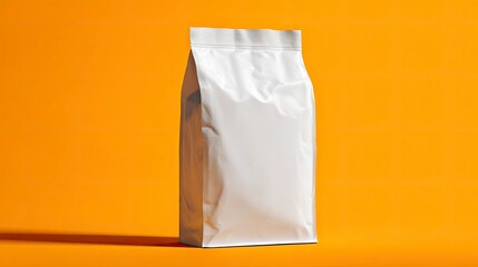 A white unbranded bag sealed at the top stands on a bright orange surface casting a shadow