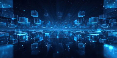 Abstract digital landscape of luminous blue cubes