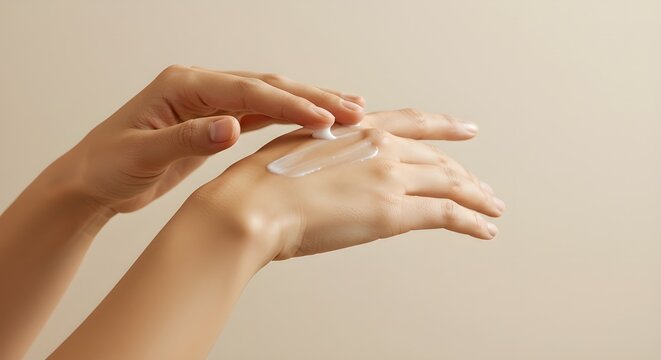 Close-up of hands applying moisturizing cream, soft lighting, minimal skincare concept, clean background, self-care and wellness theme