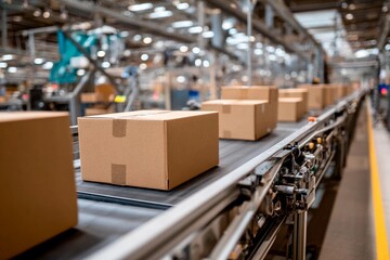 Boxes are being transported on a conveyor belt in a busy warehouse, showcasing efficient logistics operations and packaging processes during the day