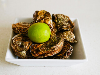 A pile of oysters with a salty taste. The oysters are brown shell and have a crispy texture. Fine...