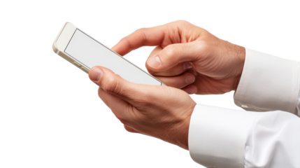 Businessman using smartphone with blank screen on transparent background
