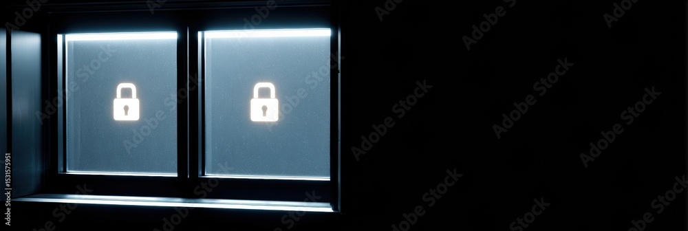 Aufkleber Security Breach Alert Visible on Window With Blinking Lock Symbols Indicating a Potential Threat at Night