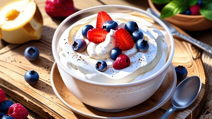Anime Style Macro of Creamy Icelandic Skyr Yogurt with Strawberries and Blueberries

