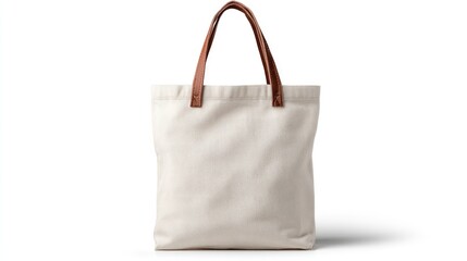 Offwhite canvas tote bag with brown leather handles on a white surface