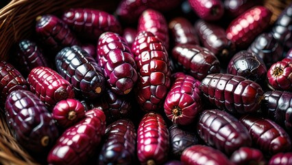 Close-Up of Deep Violet Peruvian Corn with Glossy Purple Surface

