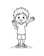 Cheerful boy counting on fingers and waving in a coloring page for kids 5 - 8 years old  