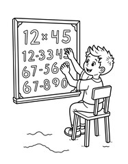 Boy arranging numbers on chalkboard while sitting on a chair, concept of Back to School - coloring page for kids 5 - 8 years old  