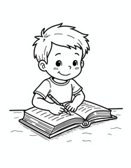 Young boy coloring in a textbook while sitting at a table - concept of Learning Activities