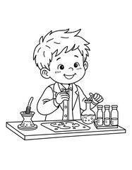 Young boy conducting science experiment with beakers and equipment - Concept of Back to School - coloring page for kids 5 - 8 years old  