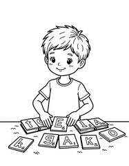 Young boy sorting letter cards while smiling for learning activities  
