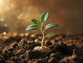 Young green plant sprouting in the soil symbolizing new life and growth in nature.