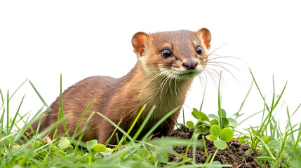 Medium brown weasel standing alert on a dirt mound with surrounding grass