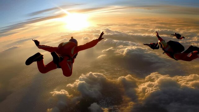 Skydivers silhouetted against a golden sunset sky, freefalling together. Extreme sport and adventure concept. Skydiving dynamic action footage.