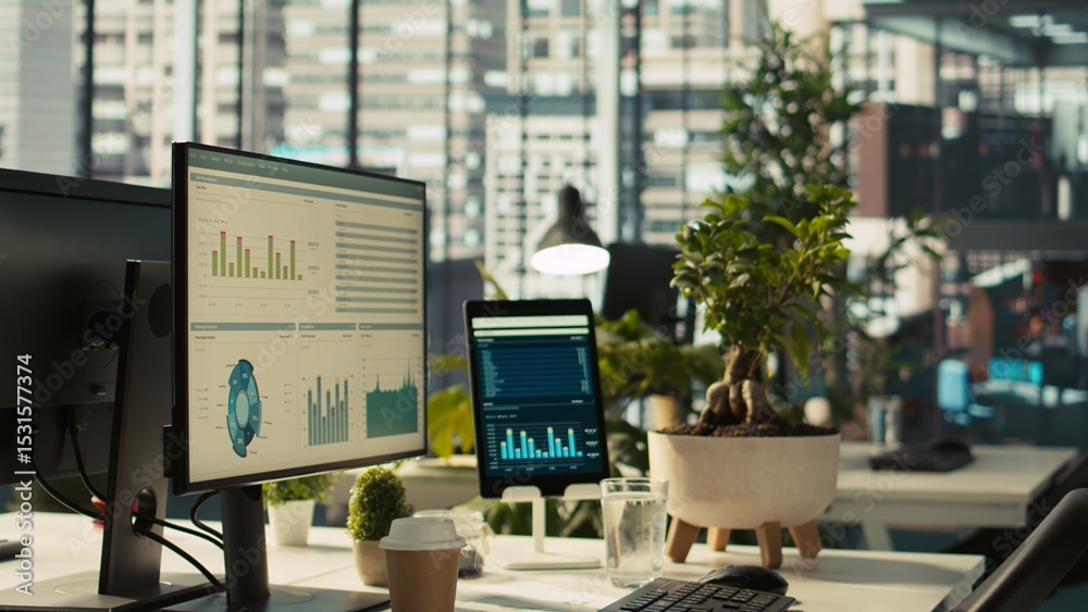 Poster modern workspace with analytical data dashboards displayed on devices in bright office environment. 