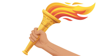 A hand holds a golden torch with a bright flame isolated on transparent background