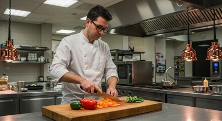 Chef preparing fresh vegetables in a professional kitchen, slicing carrots, surrounded by modern appliances, copper lights enhancing the culinary atmosphere