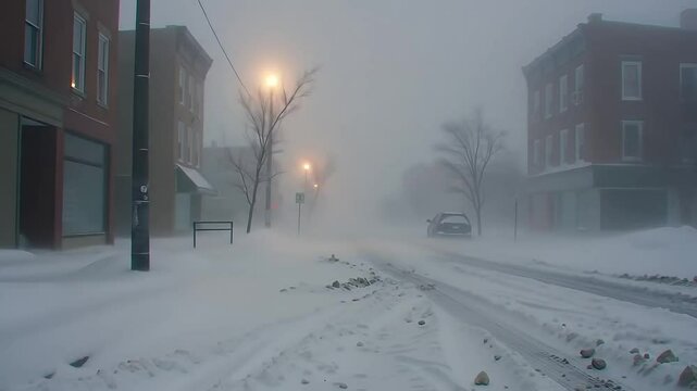 Snowstorm covering empty street with fog and streetlights at night  