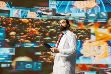 Modern doctor specialist leverages virtual tools for diagnostics and patient analysis, reflecting the evolution of medicine through technology and scientific advancement. Health revolution.