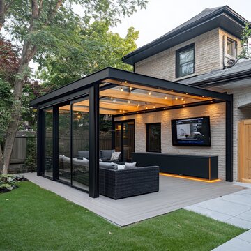 Modern outdoor living space with glass walls and a TV