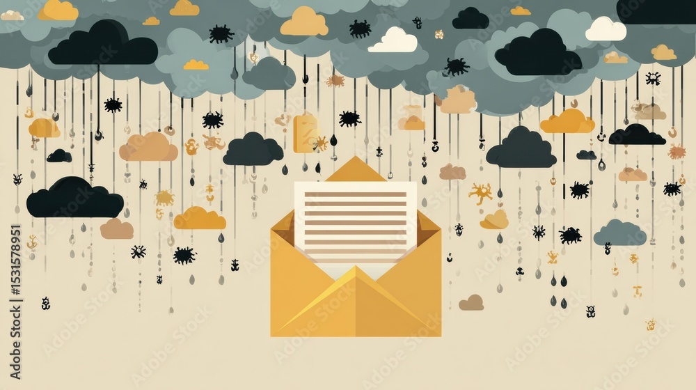 Poster Phishing Email in Cyberspace Surrounded by Malware Clouds With Clear Zone in the Right