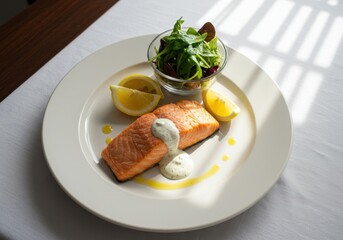 Delicious cooked salmon fillet served with fresh salad and lemon slices on a white plate in natural light