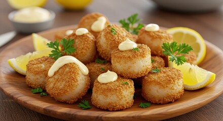 Delicious Fried Seafood Bites with Tangy Sauce and Fresh Garnishes on Wooden Plate