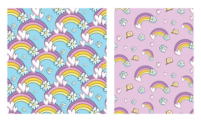 Vector set of two seamless patterns with rainbows, hearts, daisies, and ice cream in playful girly style. One design on blue background, the other on pink. Print for kids, textile, or wrapping paper