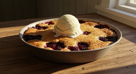 Delicious homemade dessert with golden brown cake topped with creamy vanilla ice cream and fresh berries in natural light setting