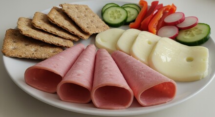 Delicious platter of cold cuts and fresh vegetables served on a white plate, featuring sliced ham, cheese, crunchy crackers, and colorful salad items