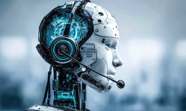  AI robot call center agent with a headset and digital interface on a light blue background