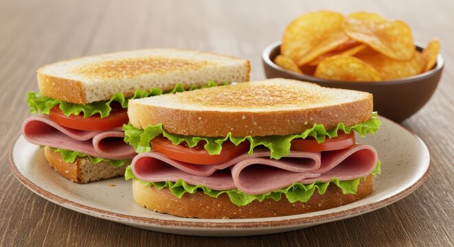 Deliciously Fresh Sandwich with Ham, Lettuce, Tomato on Toasted Bread Accompanied by Crispy Potato Chips in a Relaxed Dining Setting