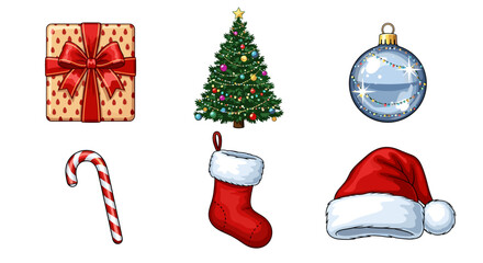Illustration of christmas themed items including a gift, tree, ornament, candy cane, stocking and hat