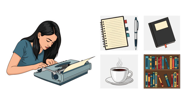 Illustration of a woman typing on a typewriter with books, a notebook, and a cup of coffee nearby