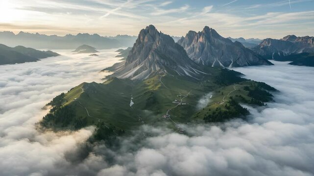 Aerial View of Rocky Mountain Peaks Emerging from a Sea of Clouds Under a Sunlight Sky at Golden Hour