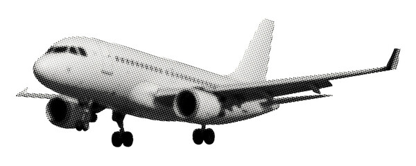 airplane in mid-flight with landing gear deployed isolated halftone vintage dots texture cut-out retro collage element for mixed media design