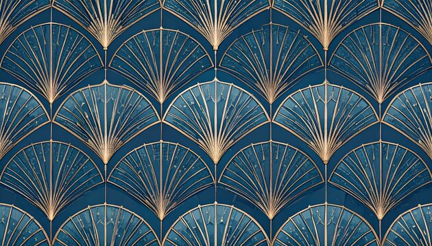 A striking art deco design with a repeating pattern of fan-shaped elements in teal and gold, creating a luxurious, vintage aesthetic.