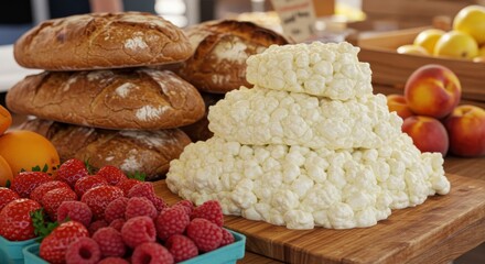 Fresh Baked Bread, Creamy Cheese, Juicy Fruits, and Vibrant Berries at a Farmers Market Stand
