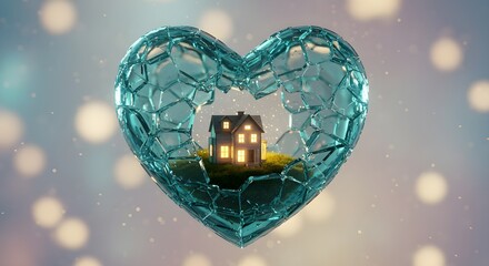 Heart-Shaped Translucent Aqua Glass Sculpture with Glowing Miniature House Inside

