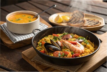 Mixed seafood paella and a bowl of pumpkin soup are placed on a wooden table