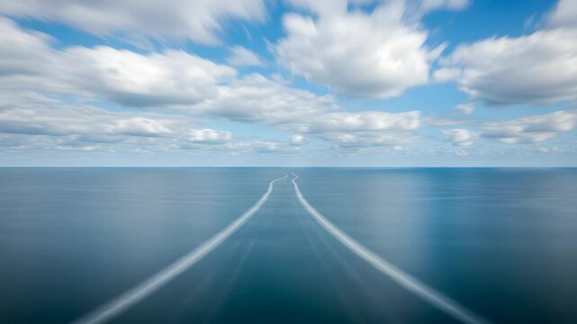 Calm Blue Ocean View with Parallel White Trails Under a Partly Cloudy Sky Aerial Shot