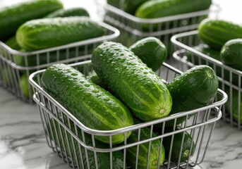 Fresh Green Cucumbers in Metal Baskets with Water Droplets on a Marble Surface, Close-Up Photography of Healthy Produce